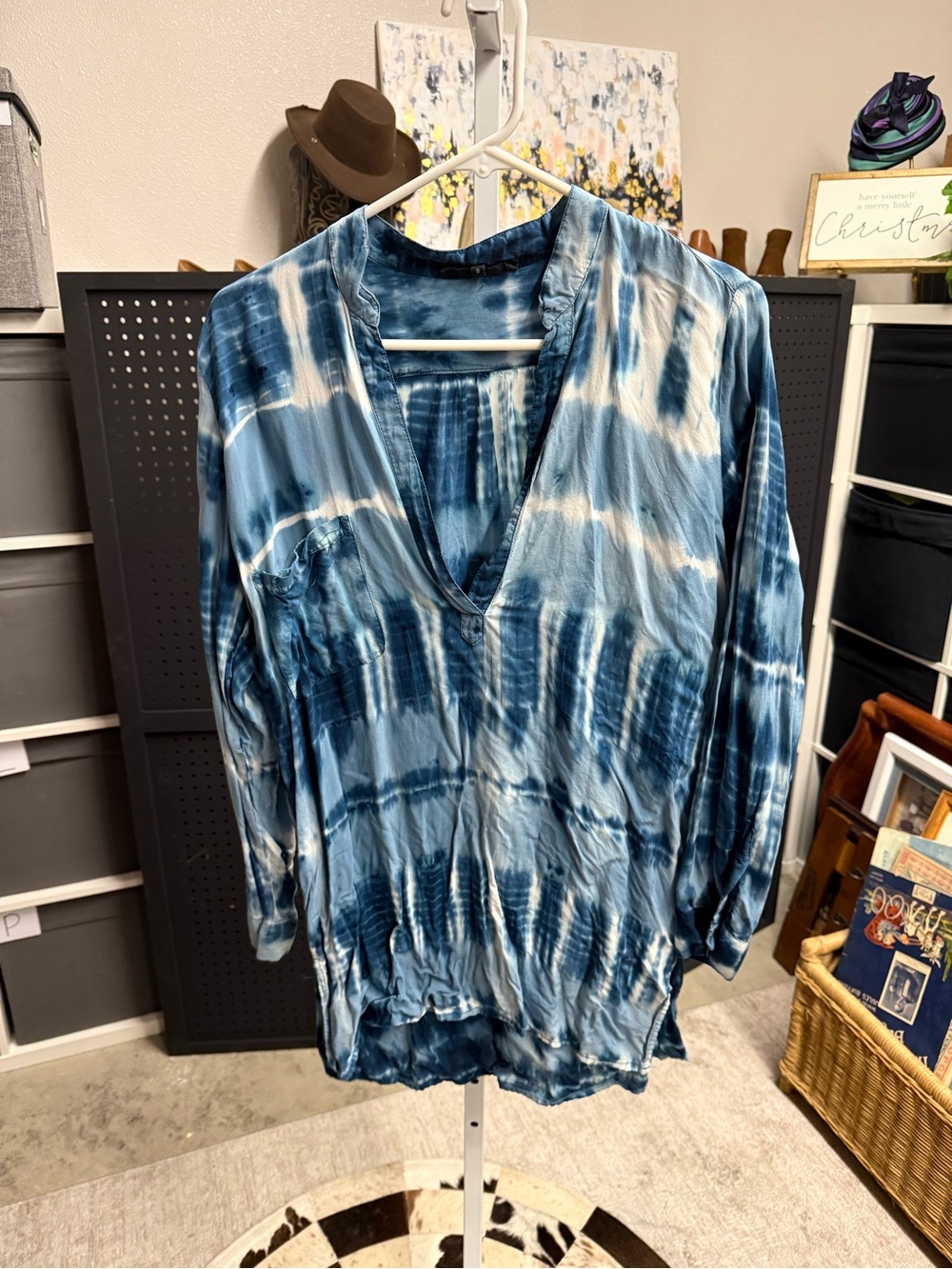 Olivaceous Blue Tie-Dye V-Neck Women’s Rayon Cover Up Top